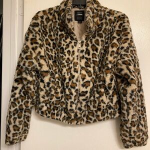 Ci Sono Leopard Print Faux Fur Zip Jacket - Tan, Black, Cream